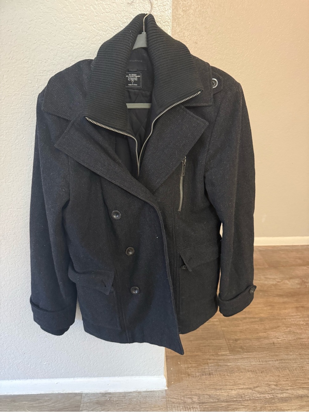 Jack & Jones Black Pea Coat with Ribbed Collar
